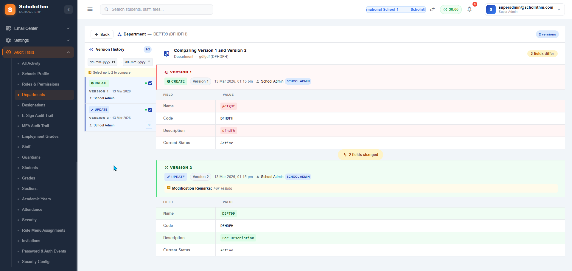 Audit trail version comparison — field diffs highlighted green/red