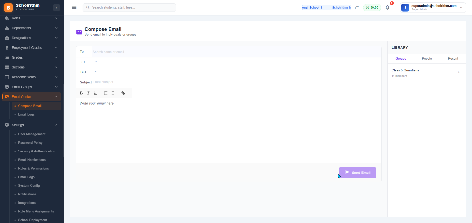 Email Center compose view
