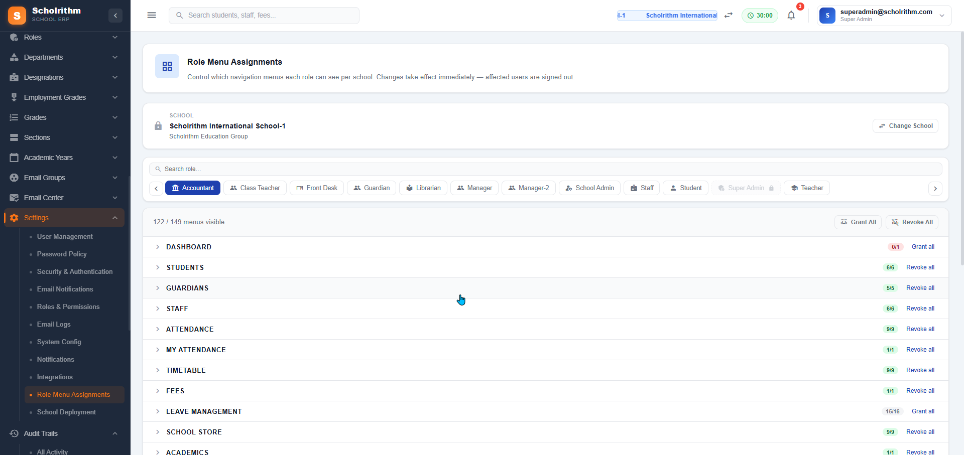 Role Menu Assignments — per-module toggle controls for each role